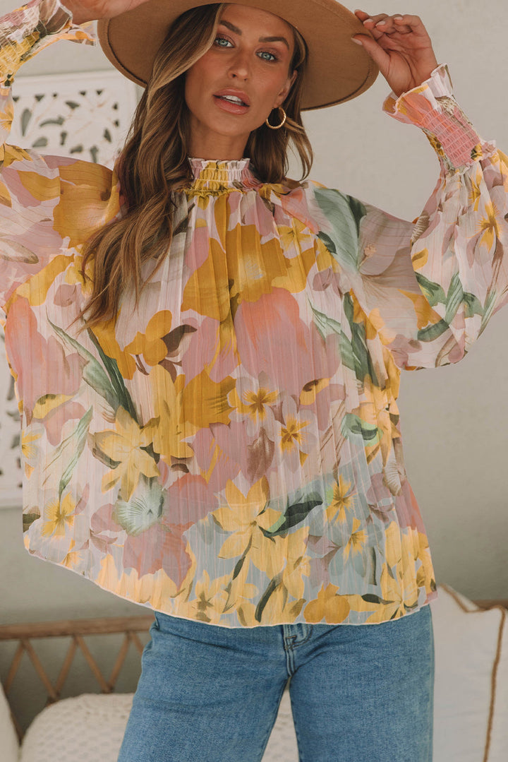 Floral Print Flounce Sleeve Mock Neck Blouse