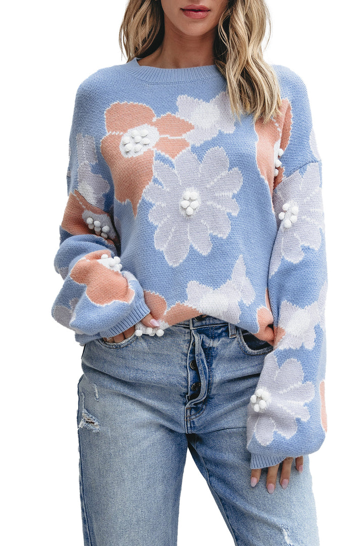 Floral O Neck Drop Shoulder Knitted Sweater