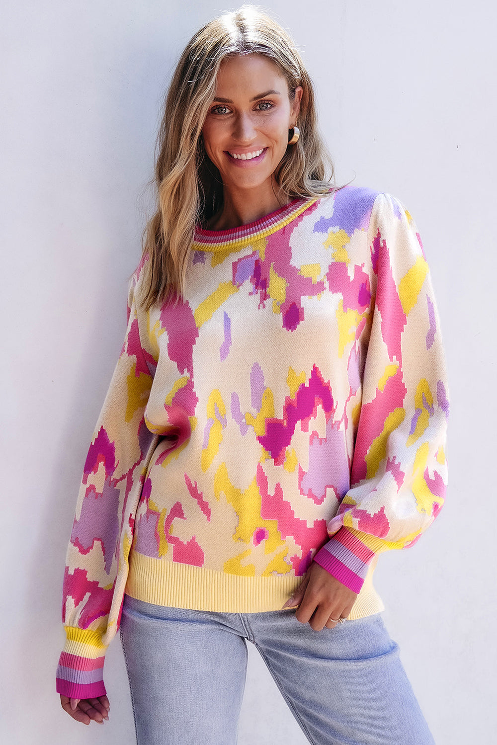 Abstract Print Colorblock Balloon Sleeve Sweater