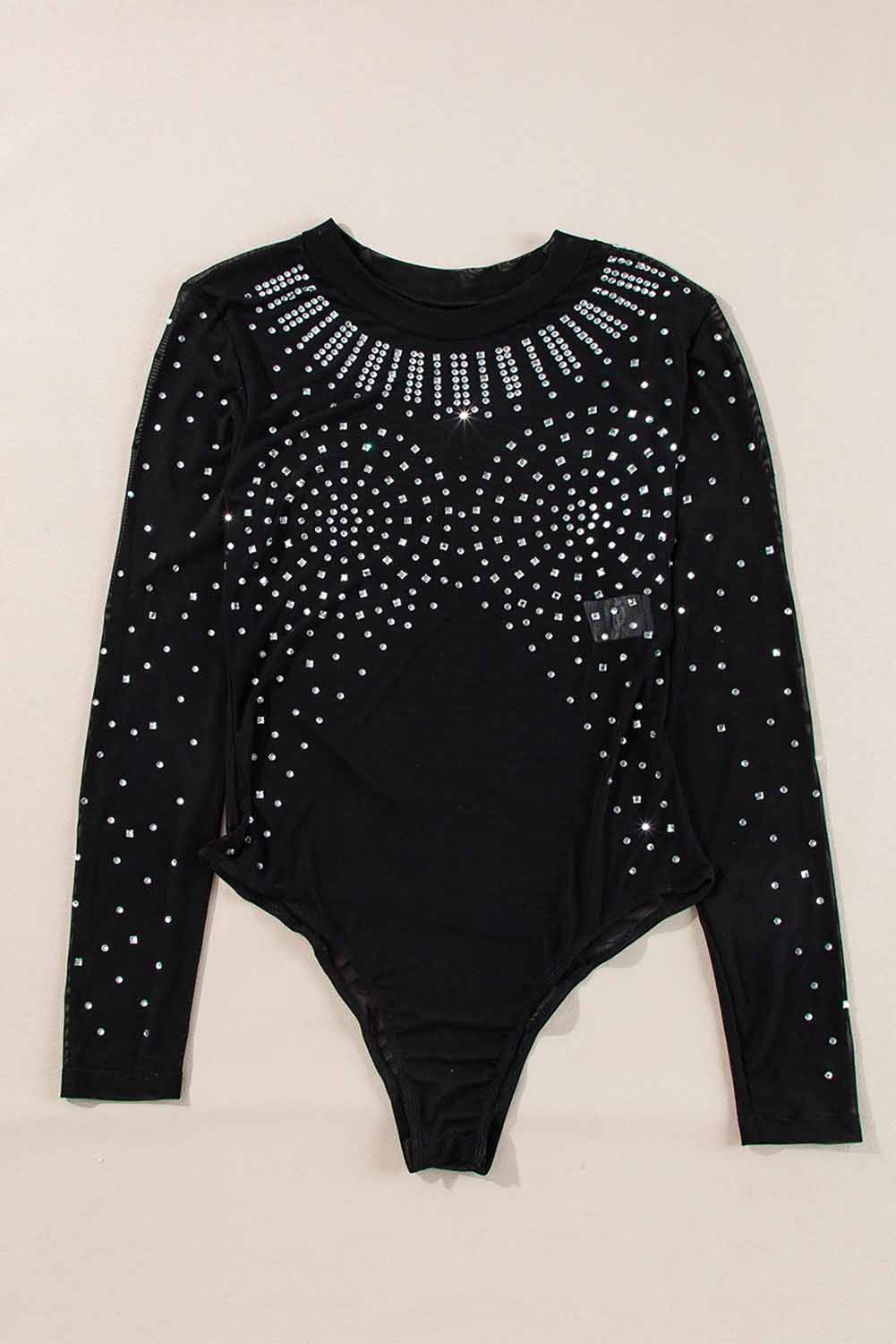 Rhinestone Sheer Mesh Long Sleeve Bodysuit