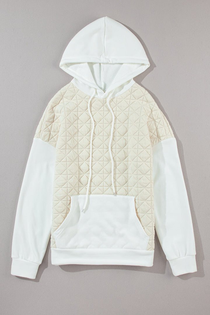 Drop Shoulder Quilted Patchwork Kangaroo Pocket Hoodie