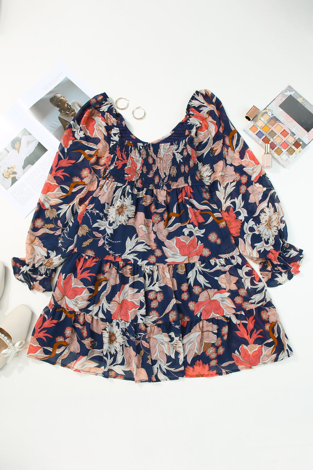 Floral Tiered Long Puff Sleeve Mini Dress