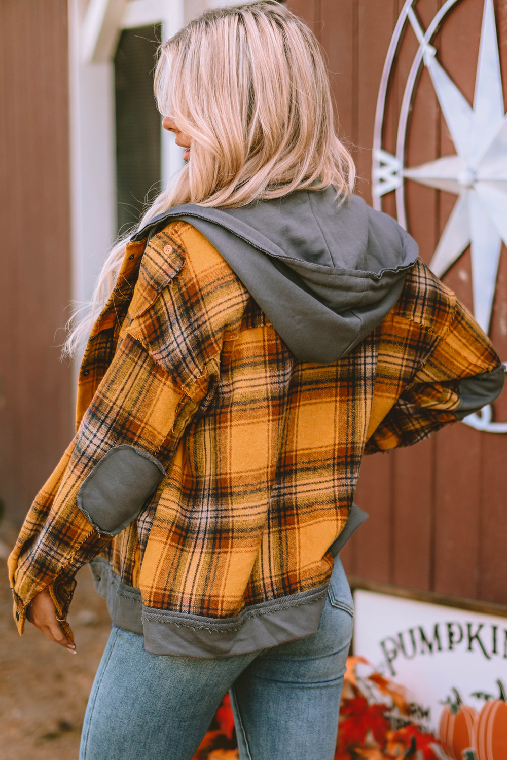 Plaid Patch Hooded Frayed Snap Button Jacket