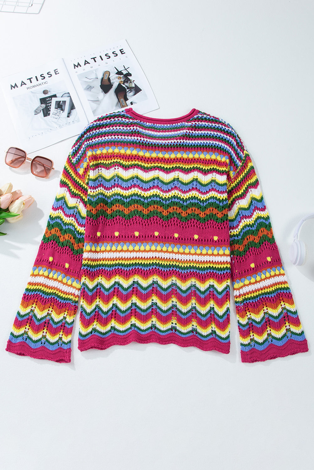 Colorblock Striped Hollowed Knit Loose Sleeve Sweater