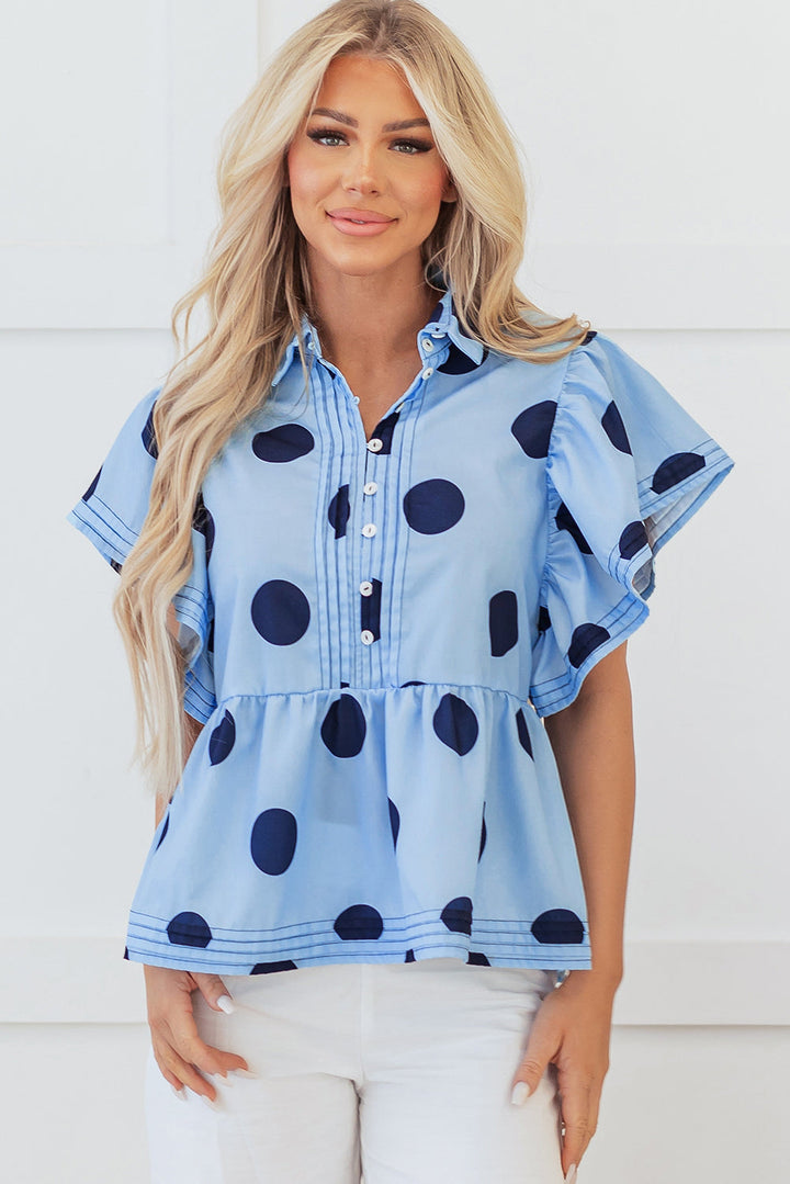 Polka Dot Print Ruffled Short Sleeve Buttoned Collared Blouse