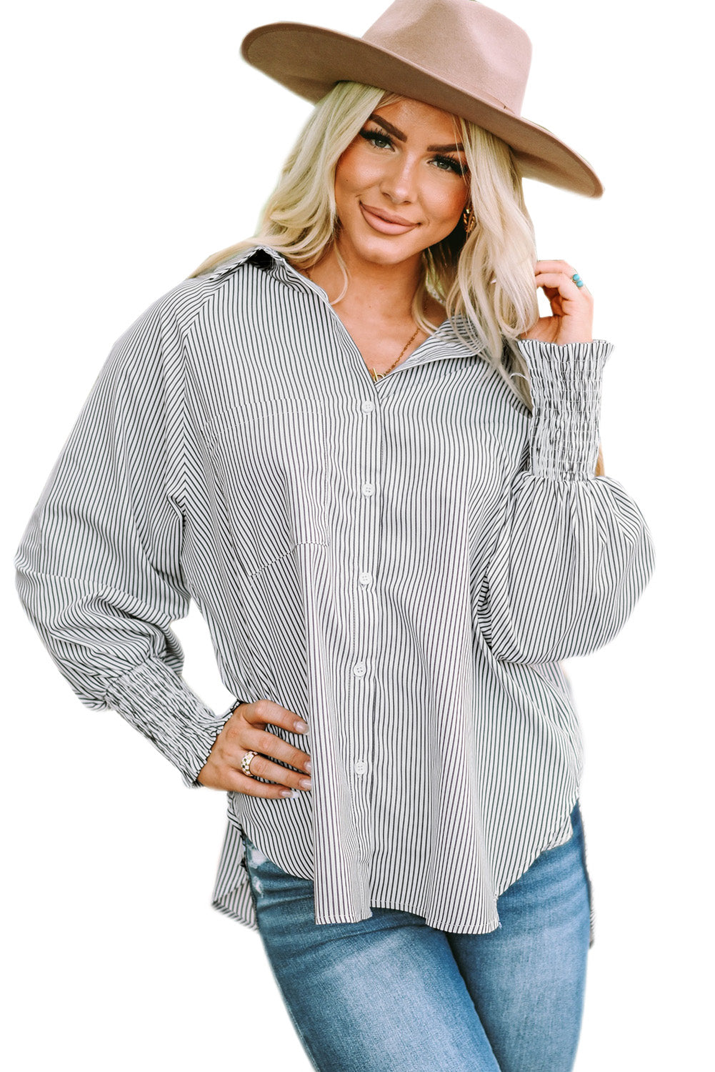 Smocked Cuffed Striped Boyfriend Shirt with Pocket