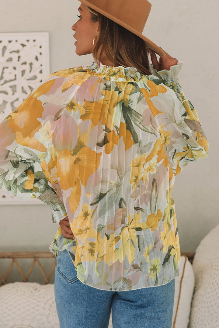 Floral Print Flounce Sleeve Mock Neck Blouse