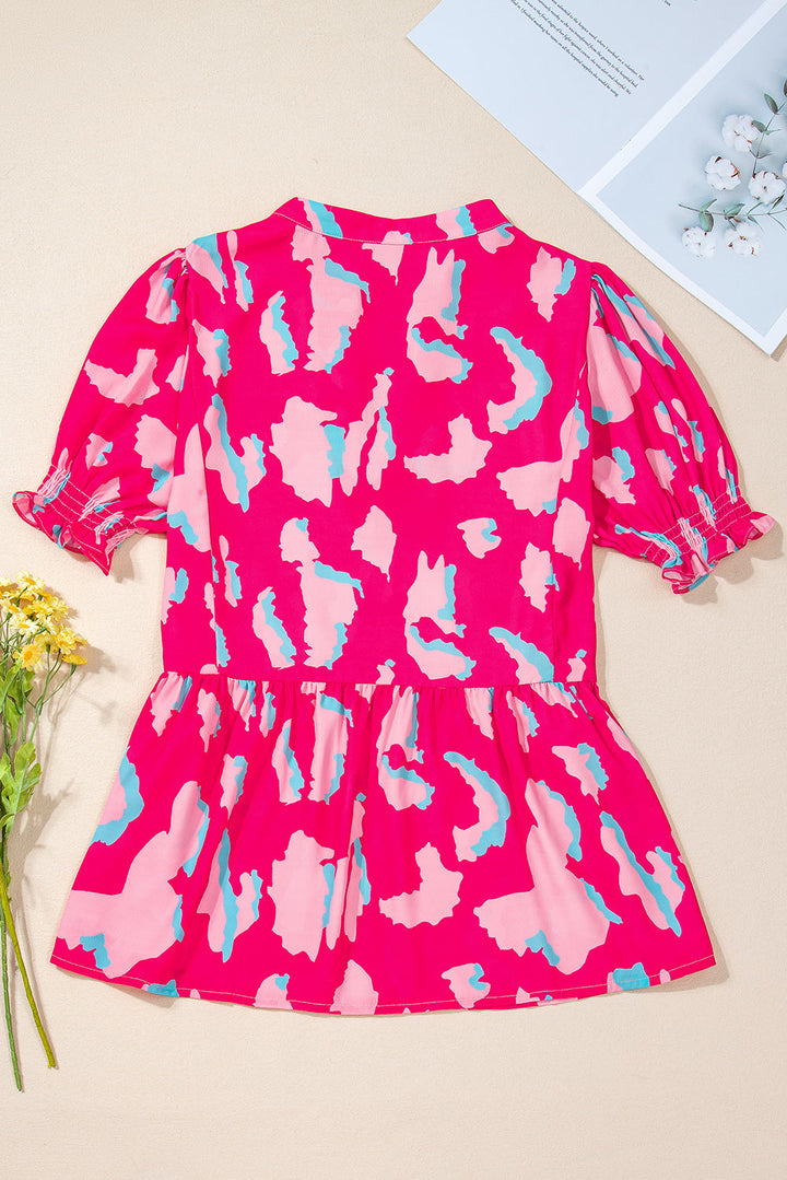 Abstract Print Smocked Puff Sleeve V Neck Blouse