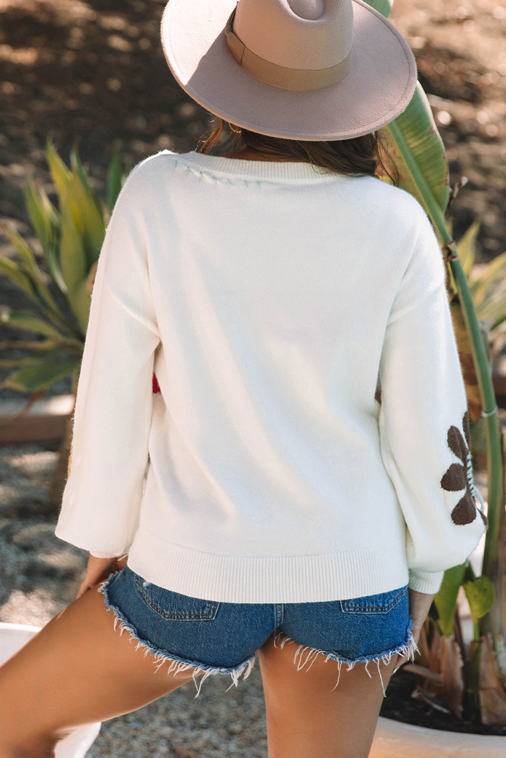 Big Flower Pattern V Neck Drop Shoulder Sweater