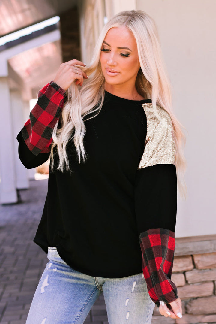 Crewneck Lantern Sleeve Plaid Sequin Splicing Blouse