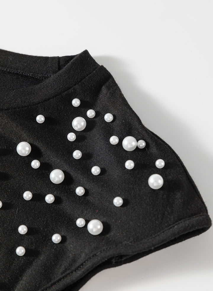 Pearls Beaded Shoulder Pad Crew Neck Tank Top