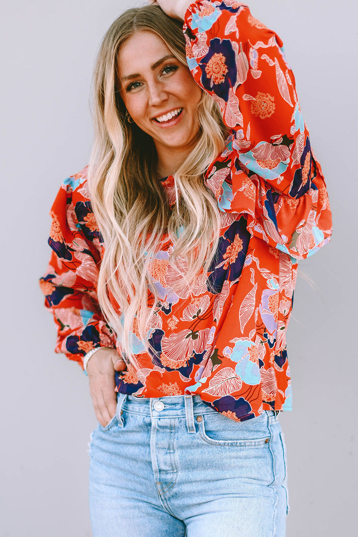 Floral Print Ruffle Puff Sleeve Blouse