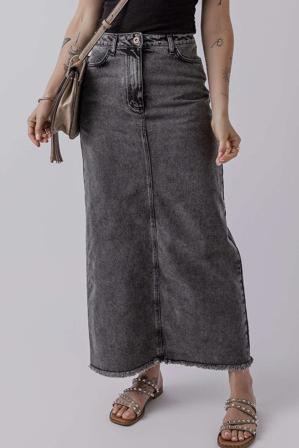 Denim Raw Hem Back Split High Waist Long Skirt