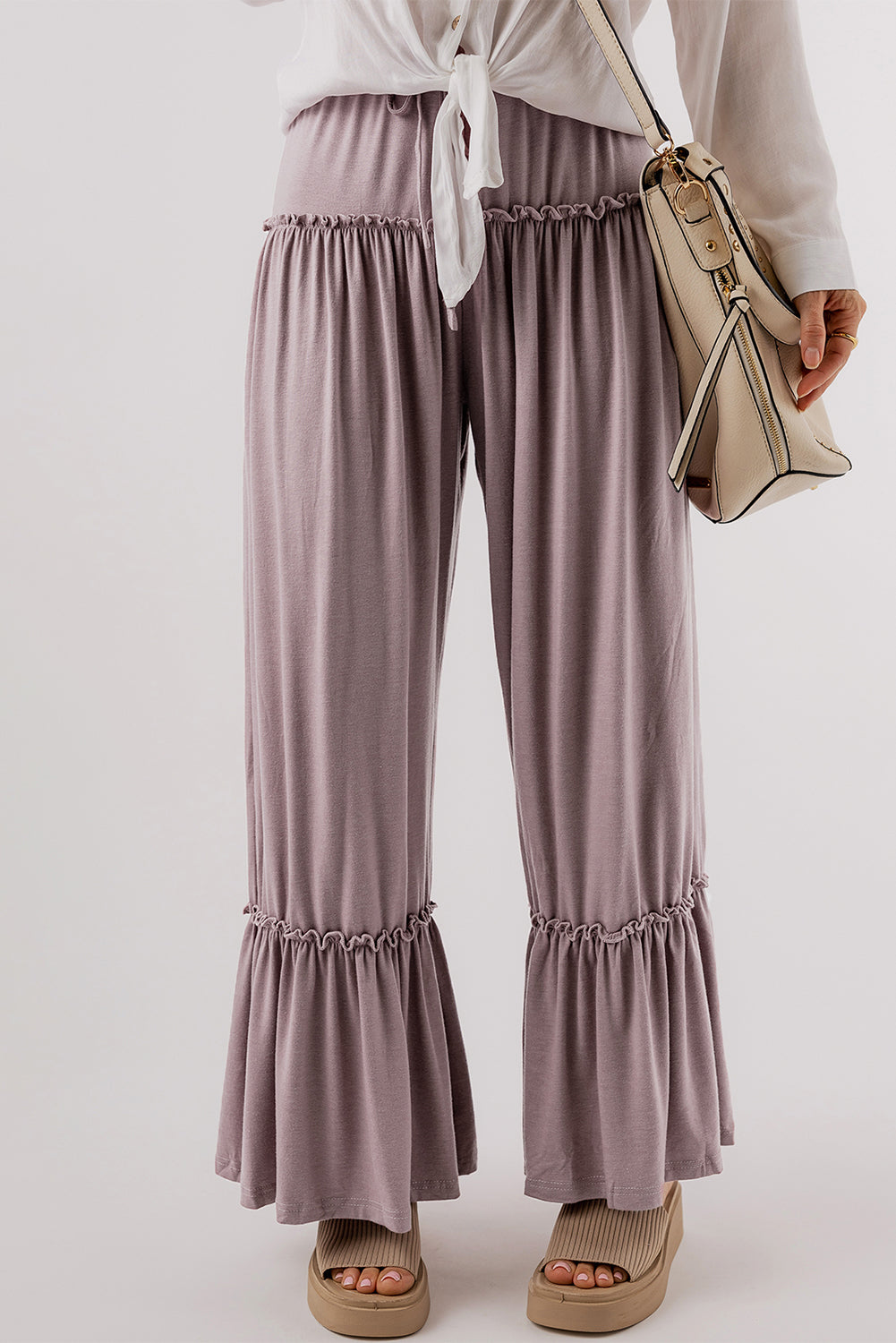 Frilled Drawstring High Waist Wide Leg Pants