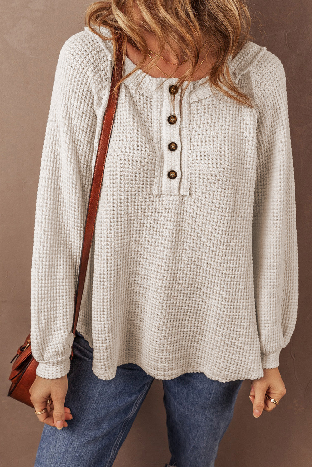 Waffle Knit Buttoned Front Raglan Sleeve Loose Blouse