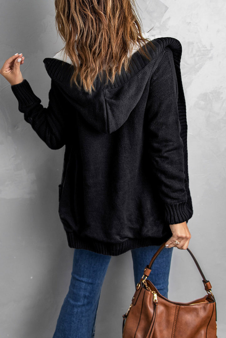 Buttoned Hooded Open Front Knitted Sweater