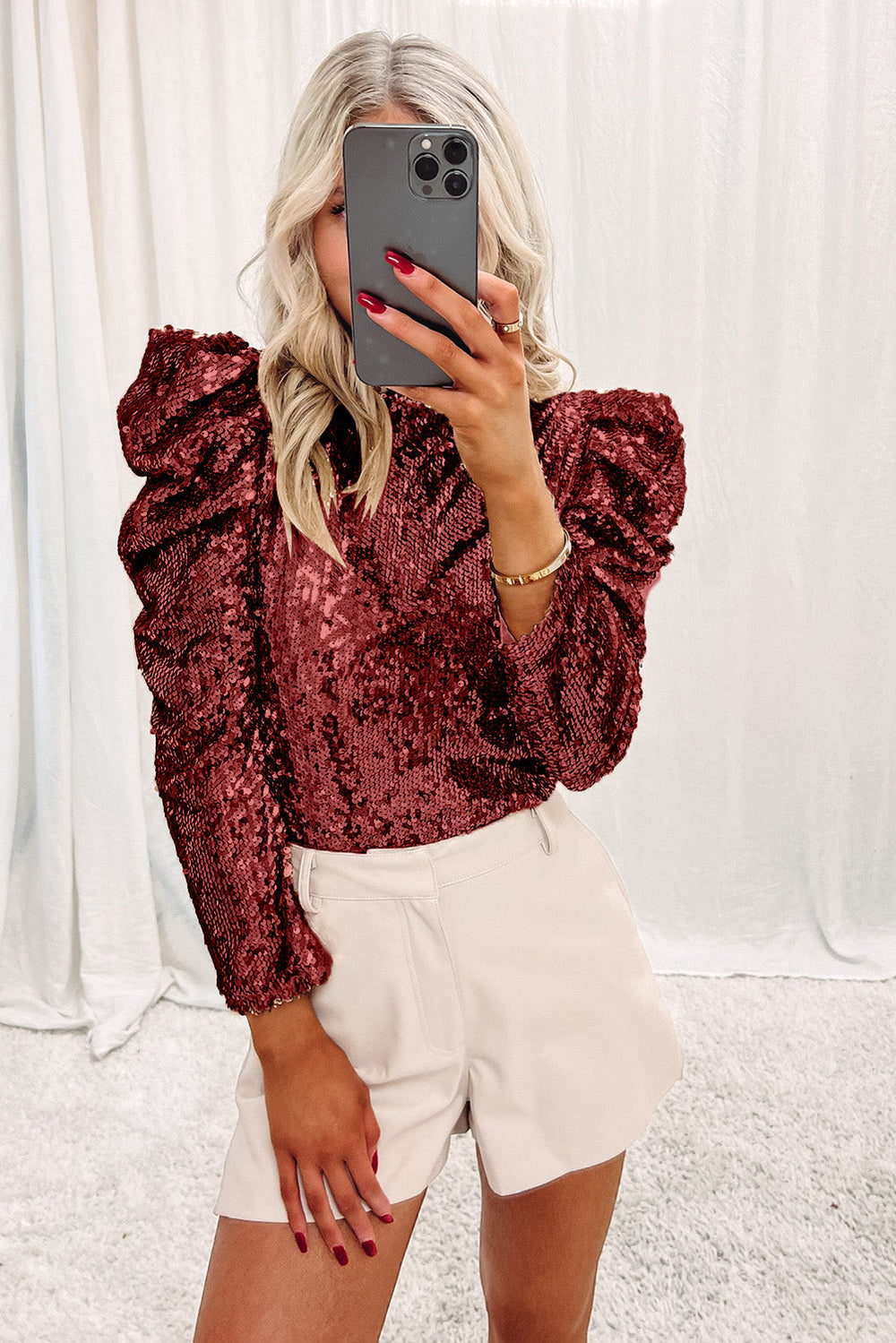 Sequin Mock Neck Bubble Sleeve Top