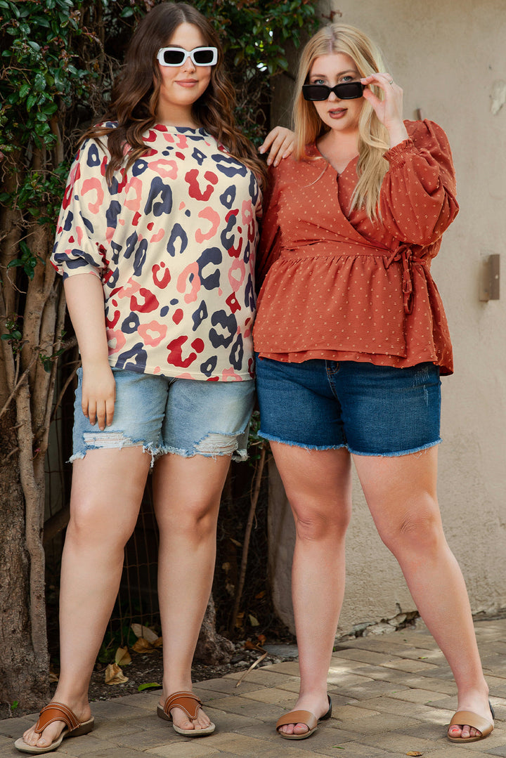 Colorful Leopard Print Batwing Sleeve Plus Blouse