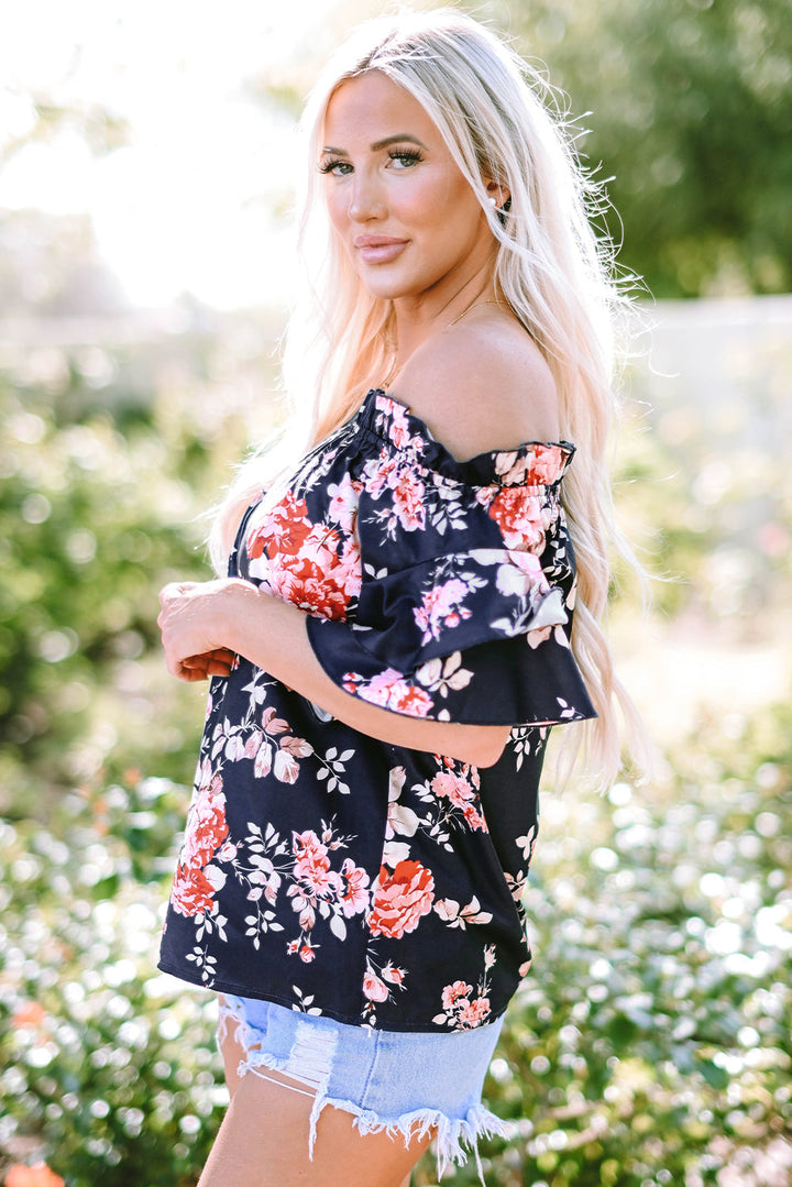 Ruffle Off Shoulder Flounce Sleeve Floral Blouse