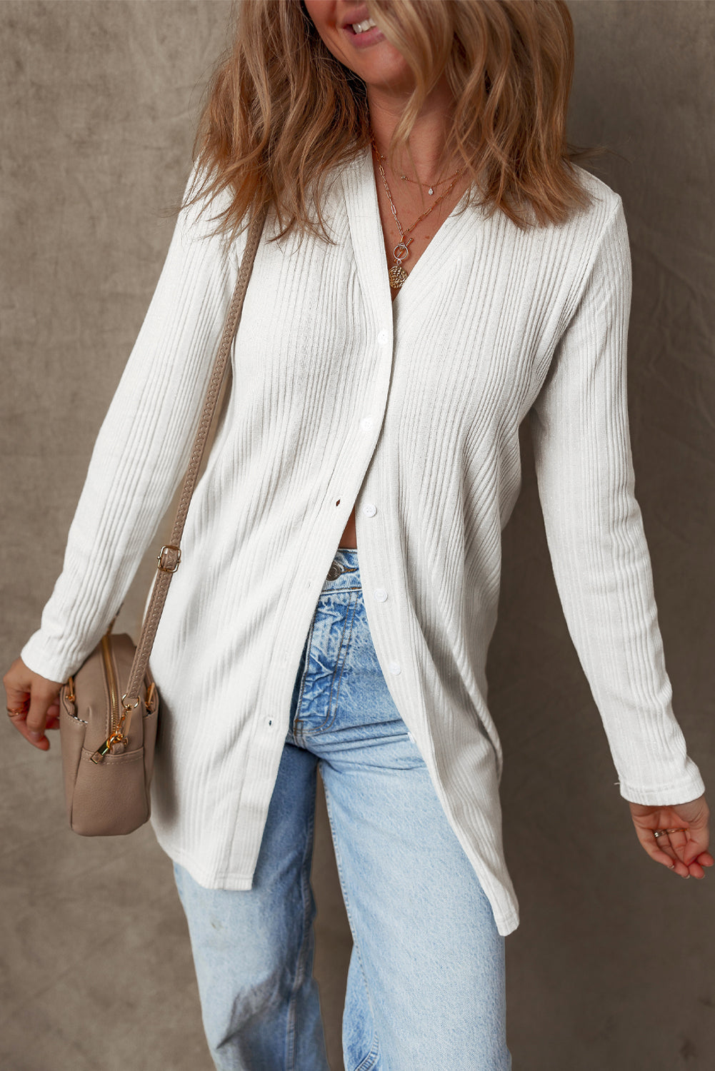 Solid Color Ribbed Button up Tunic Cardigan