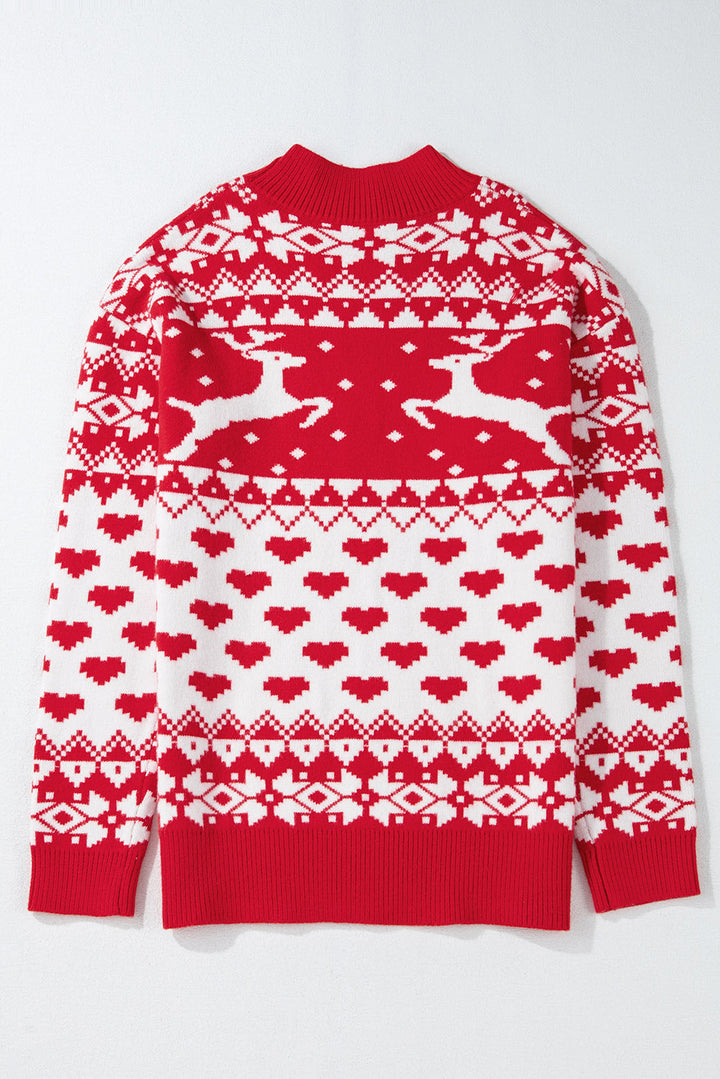 Merry Christmas Reindeer Heart Pattern High Neck Sweater