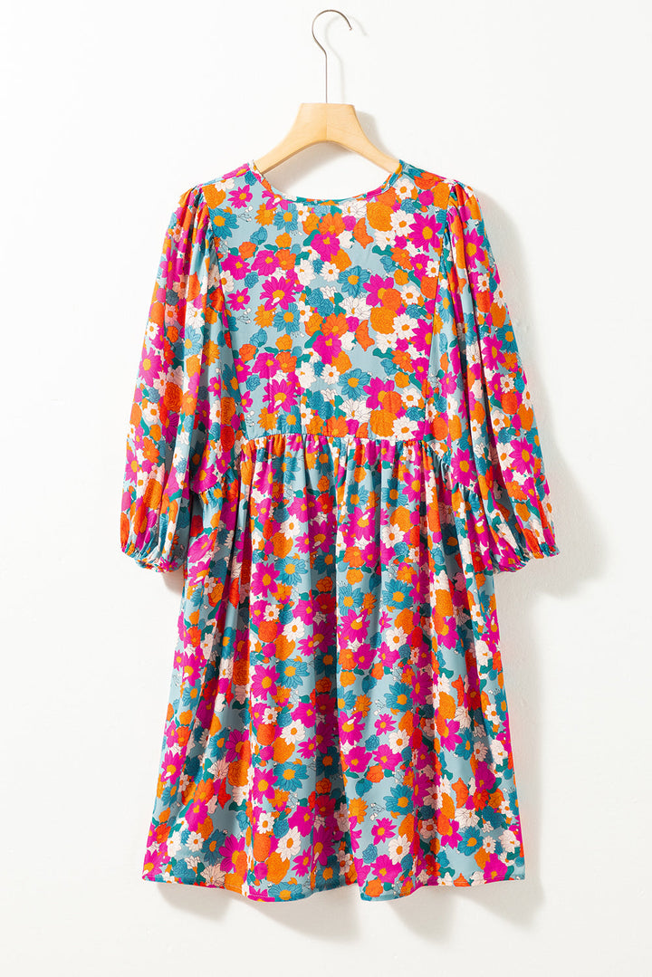 Floral Print Tie Split Neck Bubble Sleeve Babydoll Dress