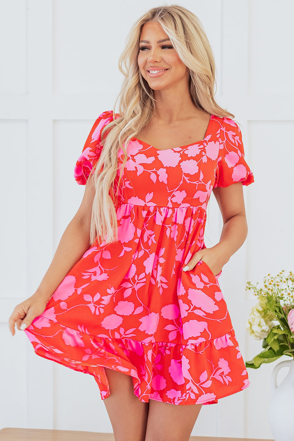 Floral Bubble Sleeve Sweetheart Neck Ruffled Mini Dress