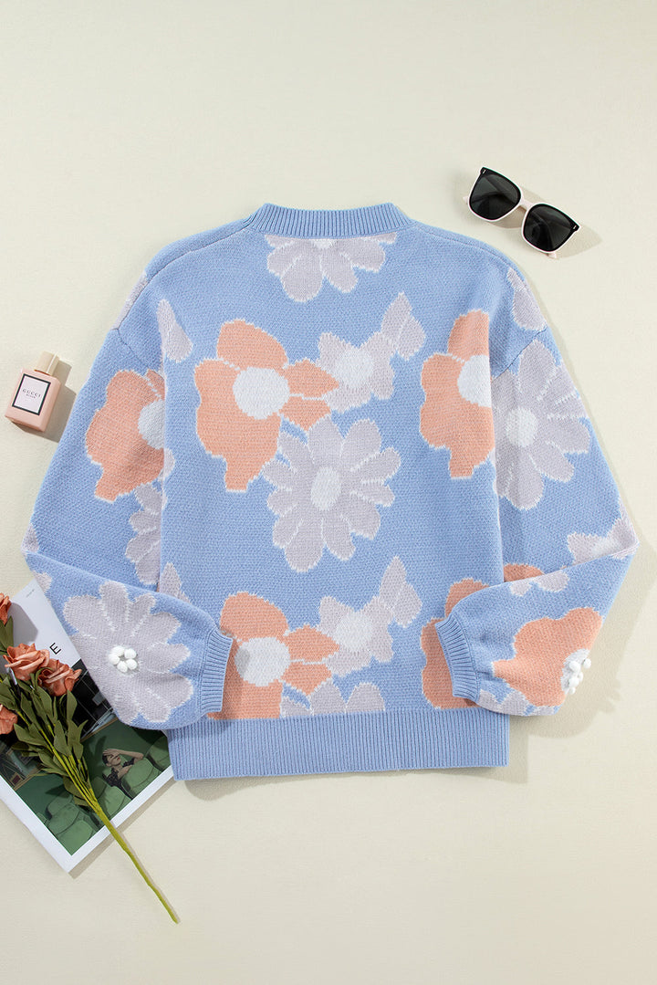 Floral O Neck Drop Shoulder Knitted Sweater