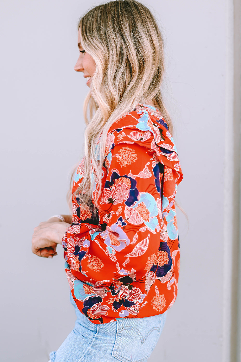 Floral Print Ruffle Puff Sleeve Blouse