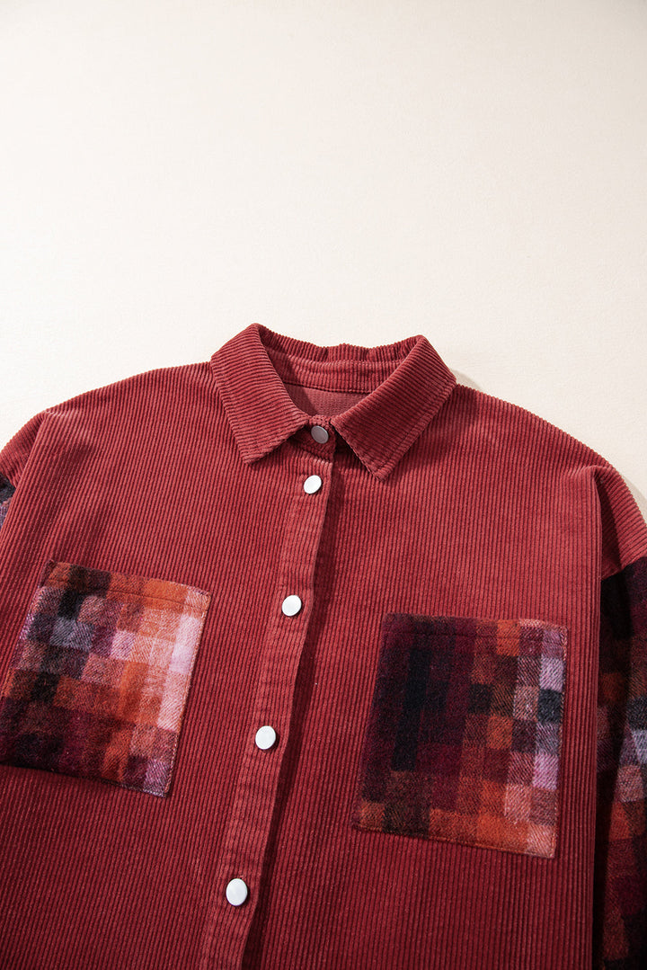 Checker Patchwork Raw Edge Oversized Corduroy Jacket