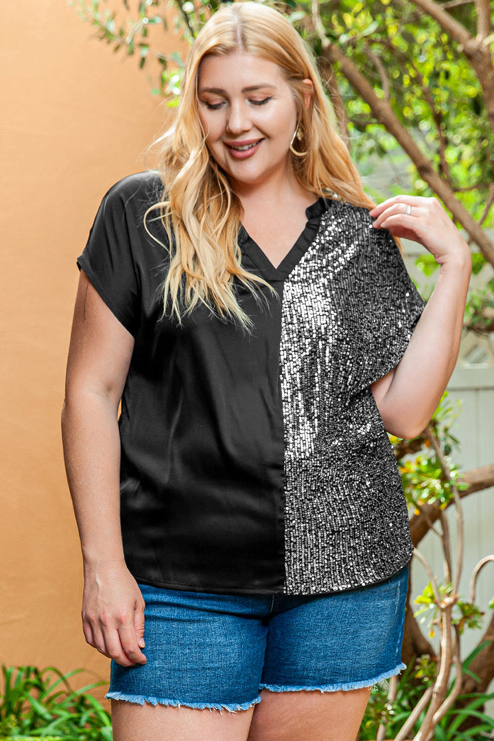 Plus Size Sequined Patchwork V Neck Tee