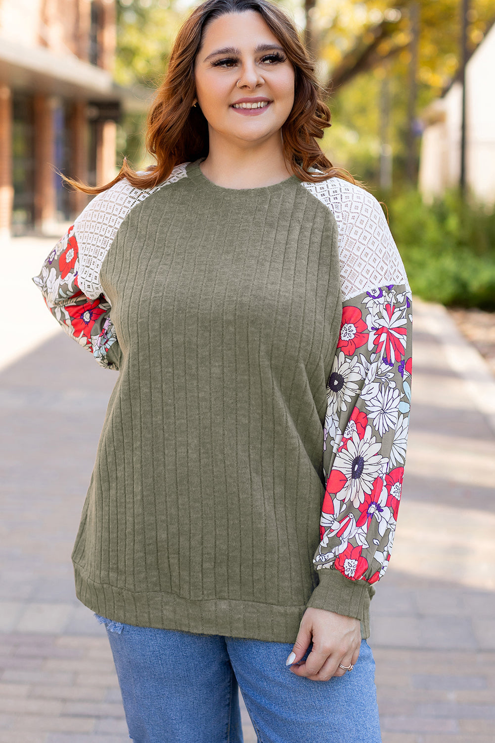 Plus Size Textured Floral Patchwork Raglan Sleeve Blouse