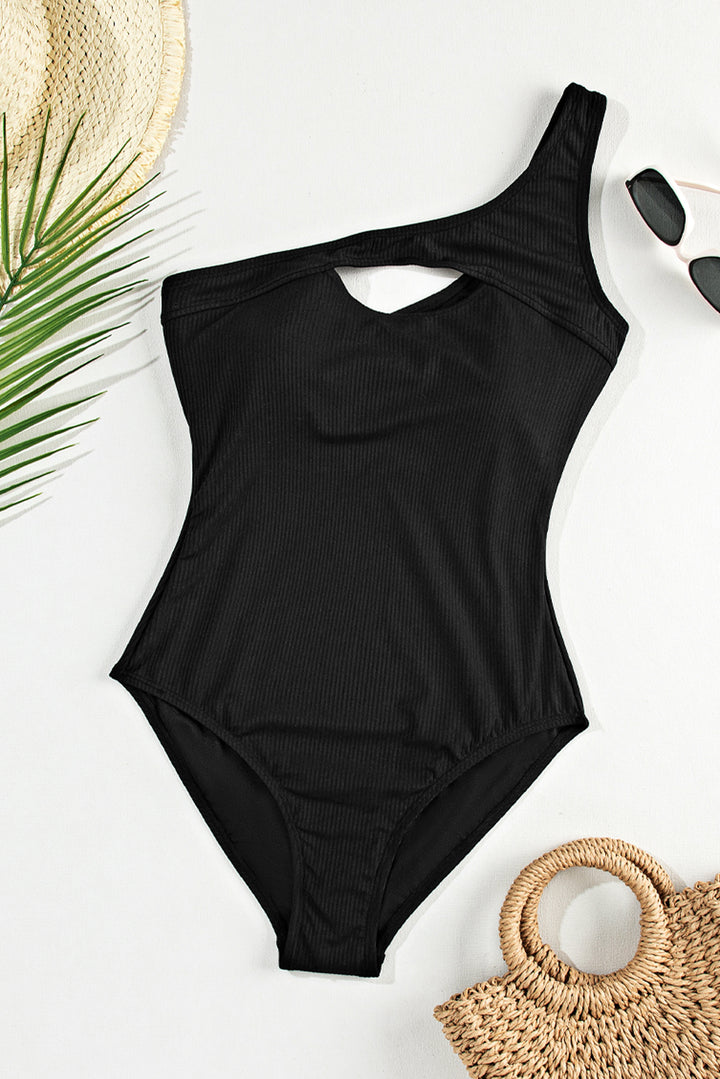 Ribbed One Shoulder Hollowed One Piece Swimsuit