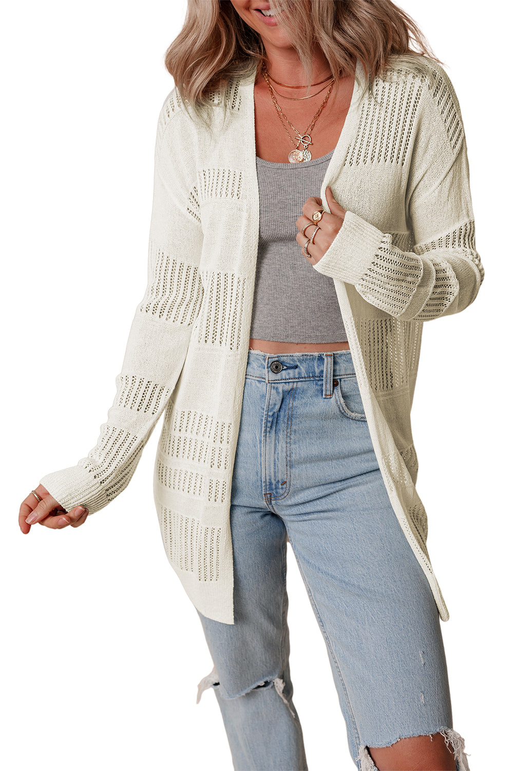 Solid Color Lightweight Open Knit Tunic Cardigan