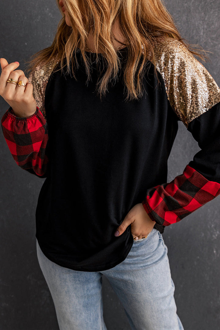 Crewneck Lantern Sleeve Plaid Sequin Splicing Blouse