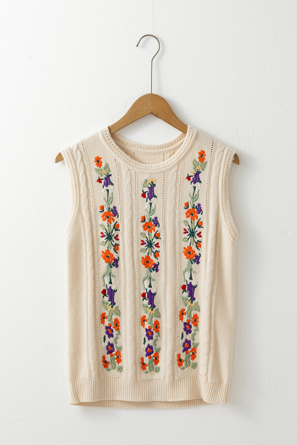 Embroidered Floral Cable Knit Sweater Vest