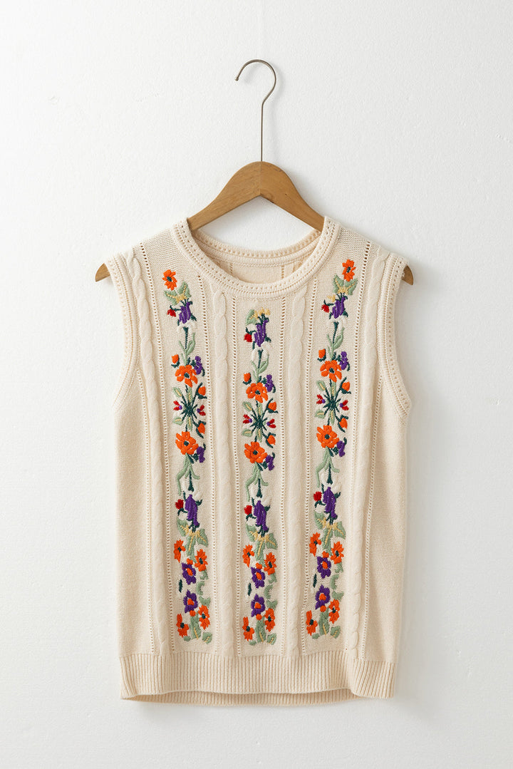 Embroidered Floral Cable Knit Sweater Vest