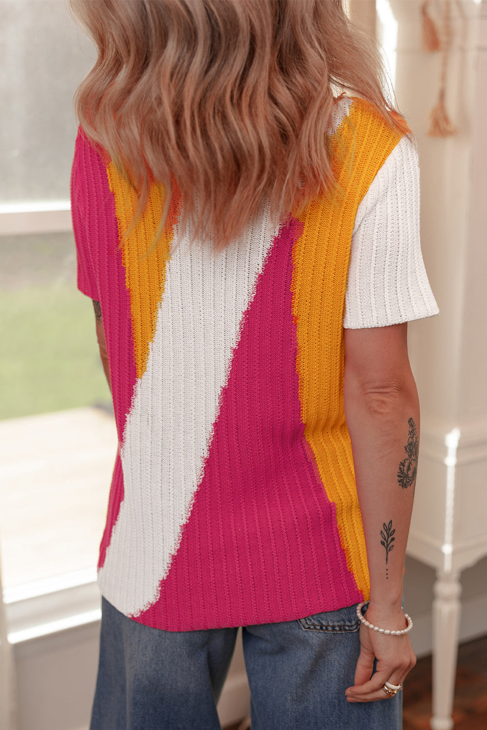 Textured Knit Colorblock Short Sleeve Sweater