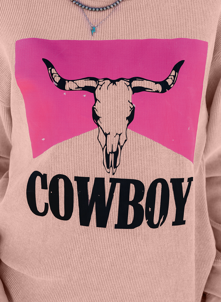 Steer Head Cowboy Print Corded Pullover Sweatshirt