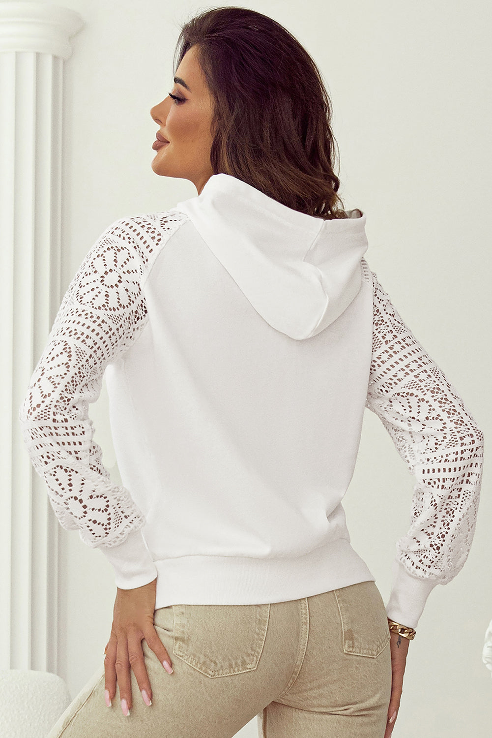 Lace Patchwork Sleeve Drawstring Hoodie