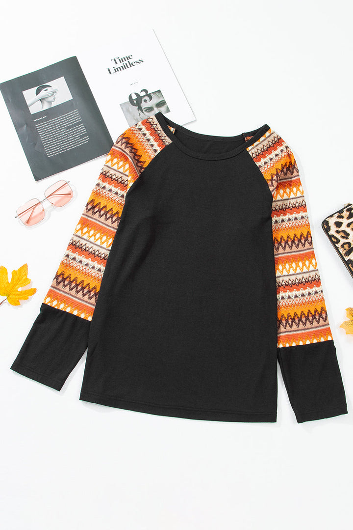 Geo Print Raglan Patchwork Long Sleeve Tee