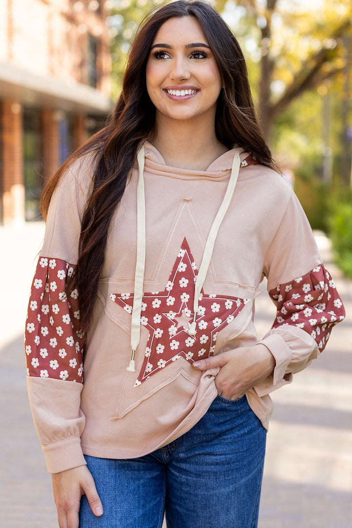 Floral Patchwork Star Pattern Drawstring Hoodie