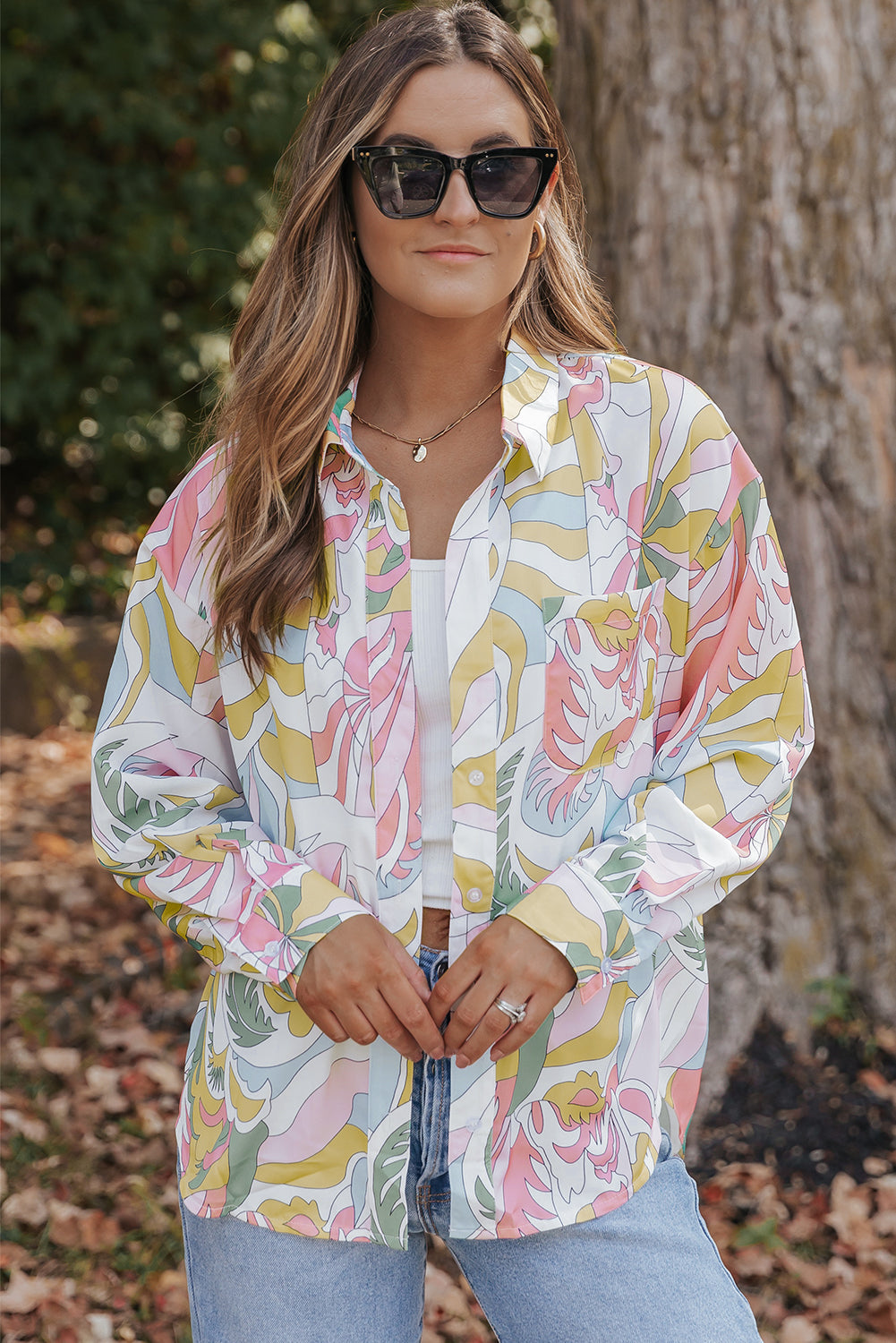 Abstract Printed Turn-Down Collar Loose Shirt