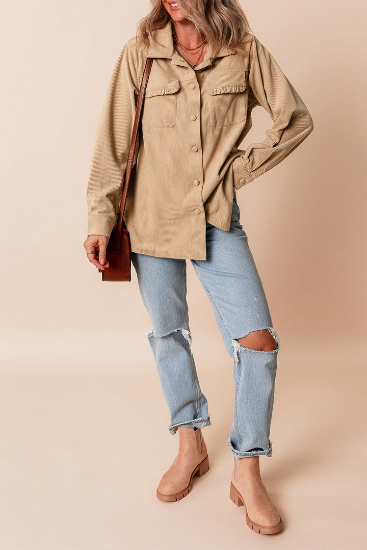 Solid Frilled Flap Pocket Button Up Corduroy Shacket