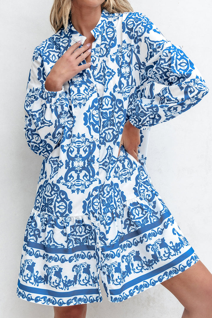 Tribal Print Button Up Notch Neck Loose Mini Dress