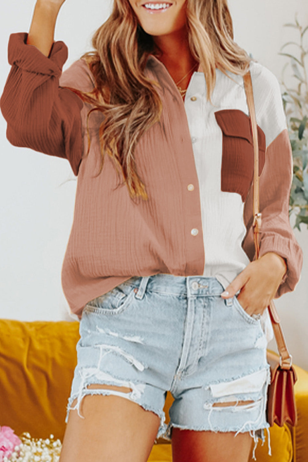 Color Block Textured Long Sleeve Shirt with Pocket