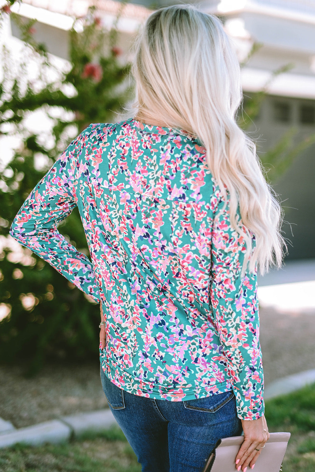 Floral Pleated Round Neck Long Sleeve Blouse