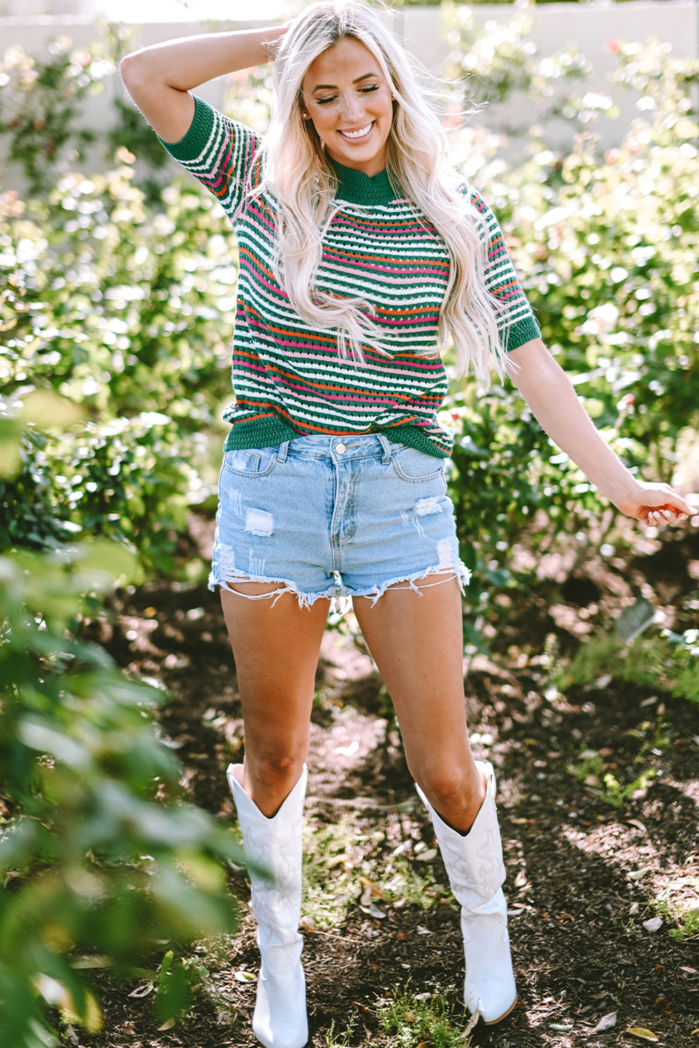 Striped Pattern Contrast Trim Pointelle Knit T Shirt