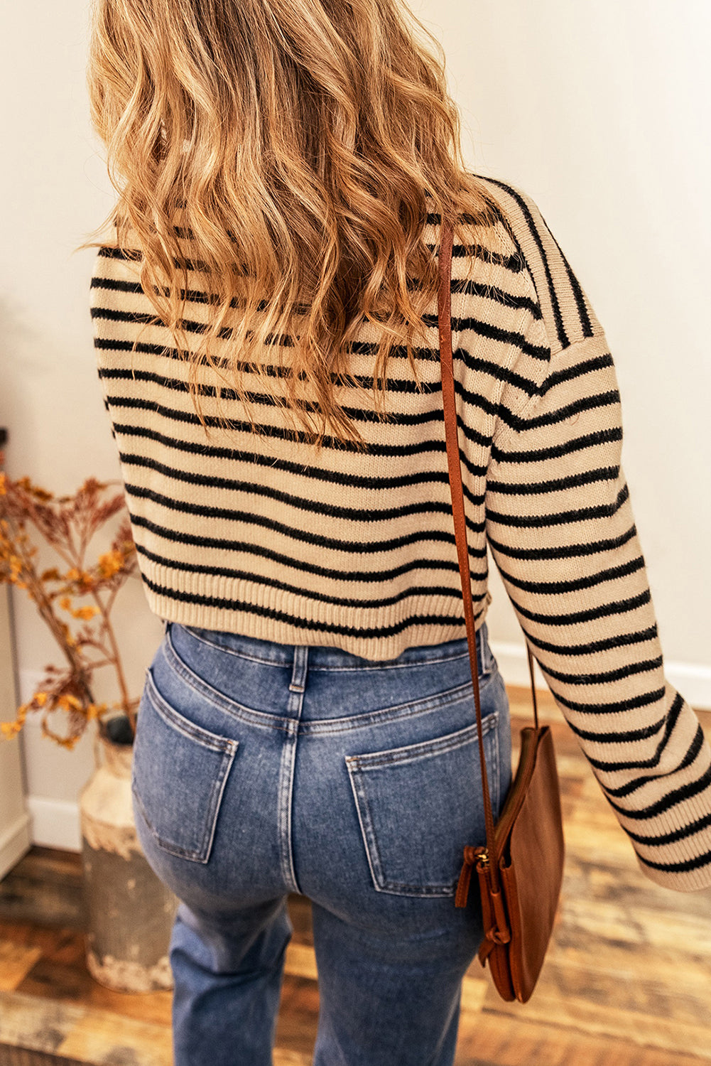 Striped Knit Drop Shoulder Crewneck Cropped Sweater