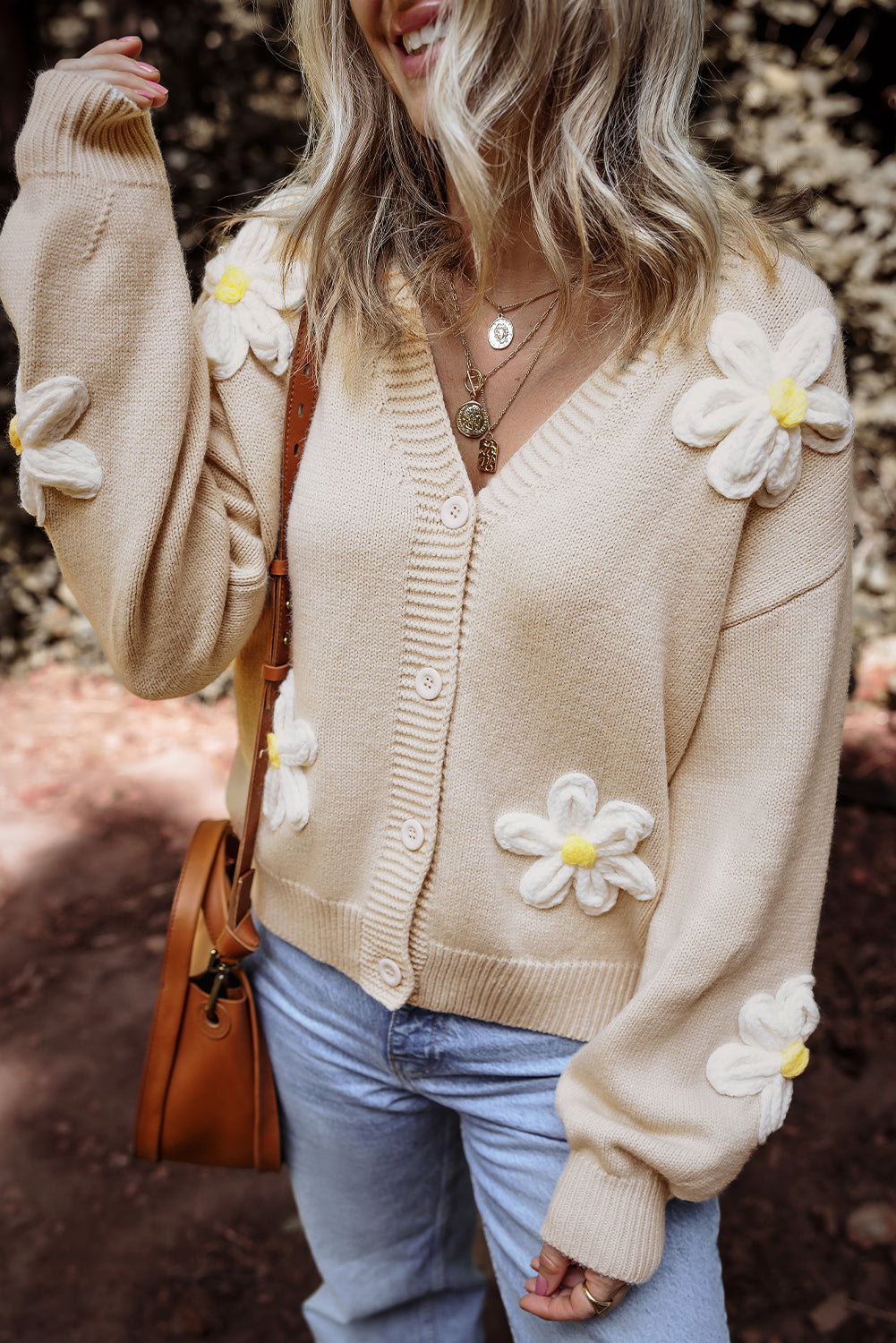 Elegant Flower Decor Button Front Cardigan